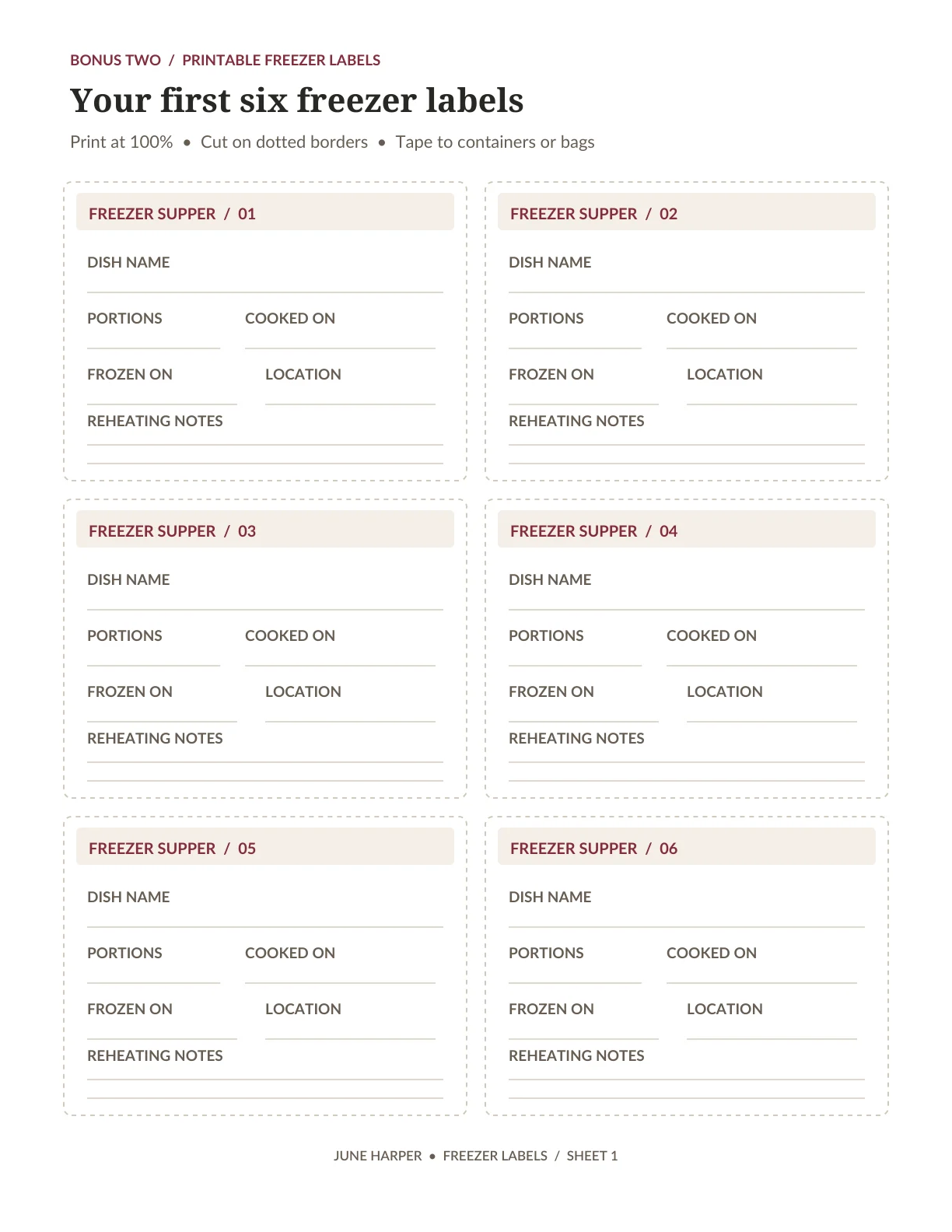 Actual bonus page with printable freezer labels