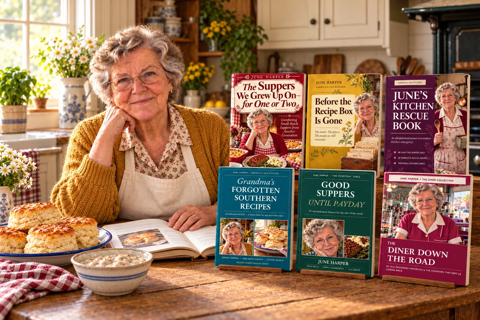 Illustration of June at a kitchen table with all six June Harper cookbook covers displayed in two rows, beside biscuits and an open recipe book
