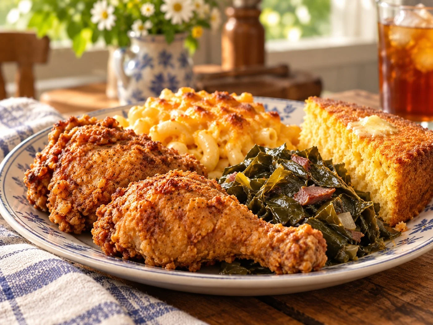 A Southern supper of fried chicken, greens, macaroni and cornbread